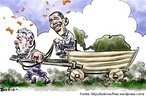 Charge mostrando o Presidente Obama controlando uma charrete puxada pelo Presidente Lula. O veículo carrega como carga um mapa das Américas.  Palavras-chave: insinuação, gêneros textuais, jornal, política.