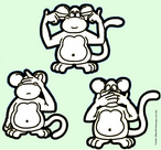  Desenho de três macacos - um tapando a boca, outro - os olhos e outro, os ouvidos.  Palavras-chave: sentidos, macacos, liberdade, silêncio, expressão, neutralidade. 