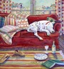 Quadro mostrando uma cena doméstica, de um cachorro deitado sobre o sofá da sala, dormindo.  Palavras-chave: casa, cachorro, animal, descrição, intencionalidade. 