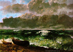  Foto de um quadro representando uma praia de águas verdades, com dois pequenos barcos na areia e céu nublado.  Palavras-chave: ondas, descrição, gêneros textuais, natureza, energia, mar, economia.