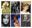 Nesta imagem, veem-se vrias celebridades relacionadas  lngua inglesa: Rainha Elizabeth II, Charles Chaplin, Lady Diana, John Lennon, Amy Winehouse e William Shakespeare, todos destaques em vrias reas das sociedades britnica e estadunidense. Por esse motivo, so cones das culturas relacionadas ao idioma ingls.  Fonte: animal, pessoas, celebridades, cinema, moda, msica, literatura, Shakespeare