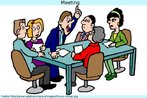 Imagem de várias pessoas assentadas a uma mesa. Um dos componentes do grupo está em pé, dedo em riste. As fisionomias podem indicar diferentes recepções e interpretações do ato de fala. Palavras-chave: Intencionalidade. Vozes sociais. Reunião.