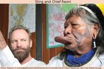 Foto do cantor inglês Sting (ex-vocalista do The Police) e do líder indígena Raoni (da etnia caiapó), ambos parceiros na luta pelos direitos dos índios brasileiros. Palavras-chave: Vozes sociais. Discursividade. Índio. Celebrities.