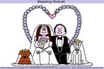 Nesta imagem, vê-se o desenho de um casal de noivos ladeados por dois cães. Palavras-chave: Casamento. Casal. Estimação. Relacionamento. Coração.