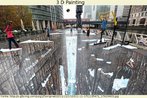 Foto de uma pintura feita no chão de uma rua de Londres, pelo artista Joe Hill. As pinturas 3D são utilizadas como forma de arte que cria ilusões de ótica no apreciador. Palavras-chave: Linguagem. Expressão. Comunicação. Realidade.