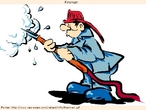 Desenho de um bombeiro, em vestimenta tradicional, manuseando a mangueira. Palavras-chave: Campo semântico. Profissões. Bombeiro. Incêndio. Resgate. Perigo. Fogo. 
