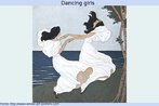 Desenho ao estilo art-nouveau mostrando duas moças dançando ao lado de um mar/lago. Palavras-chave: Gêneros textuais. Narração. Descrição. Mulheres. Dança.