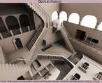 Imagem baseada em desenho de Escher mostrando diversas escadas que parecem tanto descer quando subir e não conduzem a lugar algum, como em um labirinto. Palavras-chave: Escher. Casa. Escadaria. Ilusão. Labirinto. Imaginação. Literatura. Descrição.