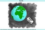 Nesta charge, vê-se a terra a partir do espaço, com uma etiqueta pendurada, em que se lê "Feito na China". Palavras-chave: Economia global. Globalização. Mercado.