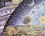 Reprodução da gravura "Universum", de Camille Flamarion, nascido na França em 1842. A figura mostra um homem tentando enxergar e entender o universo a partir da transposição das barreiras do visíveil e comum.  Palavras-chave: astrologia, investigação, esfera, universo, transcendentalismo.