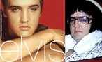 Imagem que apresenta duas fotos de Elvis Presley - uma do cantor jovem e outra do mesmo nos ltimos anos de carreira, com as feies visivelmente alteradas.  Palavras-chave: celebridades, rock, drogas, fama, Elvis Presley, anos 60.