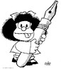 Imagem de Mafalda segurando uma caneta maior do que ela. Mafalda  a personagem de postura bastante crtica criada por Quino, cartunista argentino. Palavras-chave: Bolgrafo. Escrita. Crtica. Cosmoviso. Mundo. Criana.